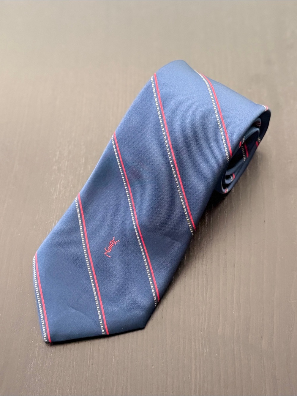 Vintage YSL Yves Saint Laurent Men's Navy w Red/White Stripes Luxury Silk Tie